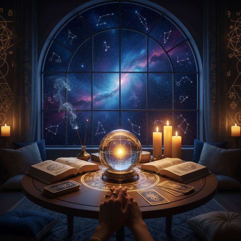 Vidente New York: Auténtica Guía Espiritual en NYC Mística imagen celestial con símbolos espirituales en Nueva York