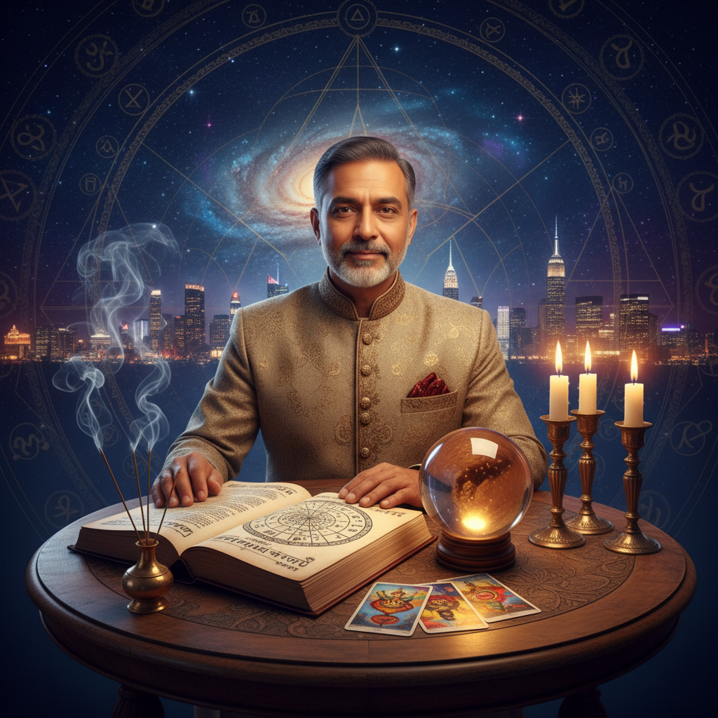 Vidente New York: Guía Espiritual en NYC con Master Krish Místico cielo estrellado con símbolos espirituales en Nueva York