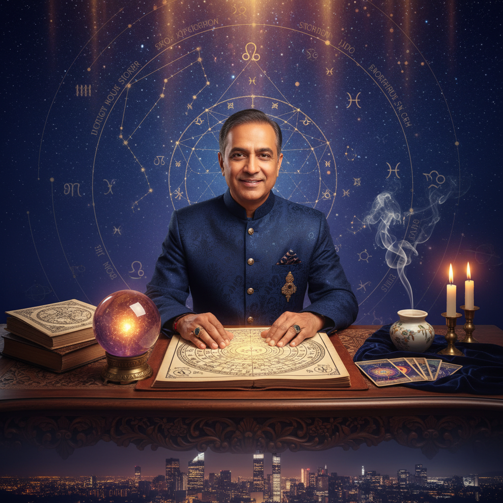 Vidente New York: Experiencia Espiritual con Master Krish Místico cielo estrellado sobre la ciudad de New York con símbolos espirituales