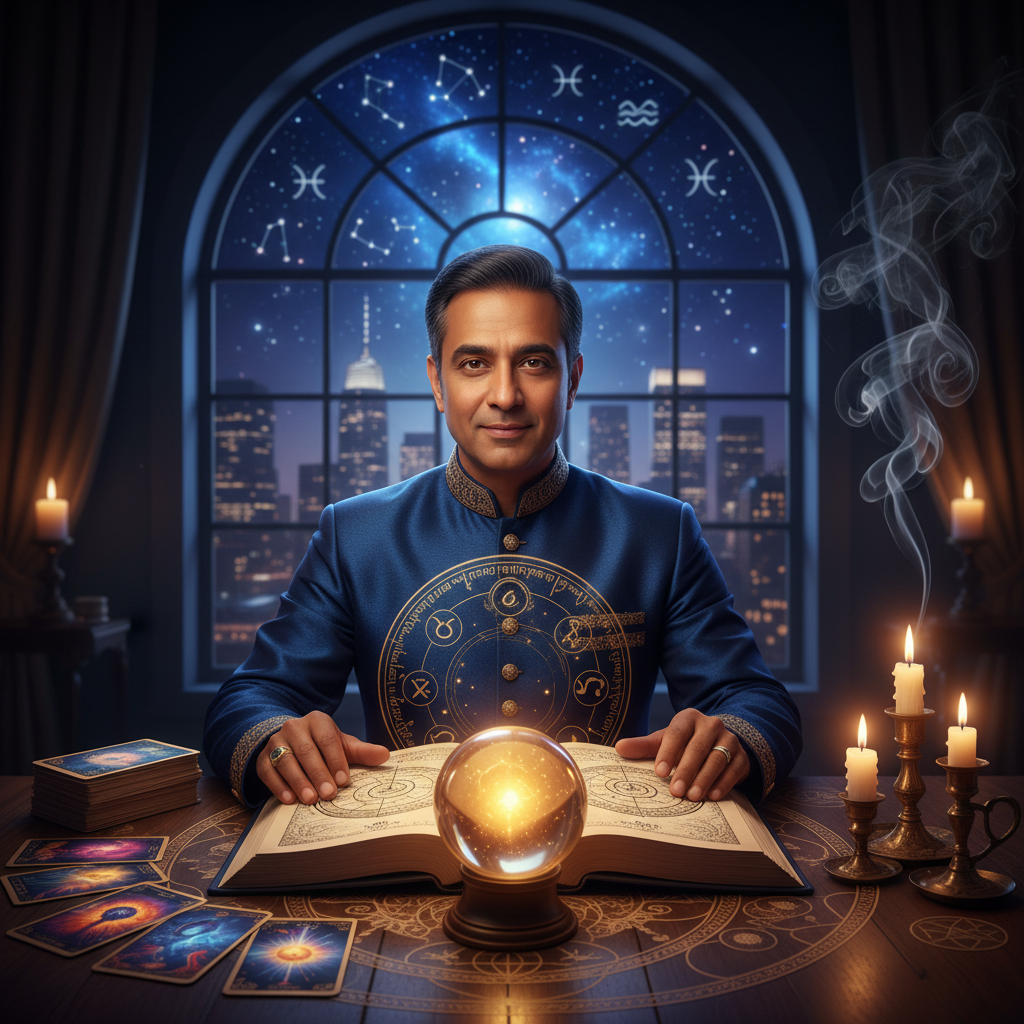 Vidente New York: Spiritual Guidance with Master Krish in NYC Mystical celestial lights and tarot cards representing vidente reading in New York
