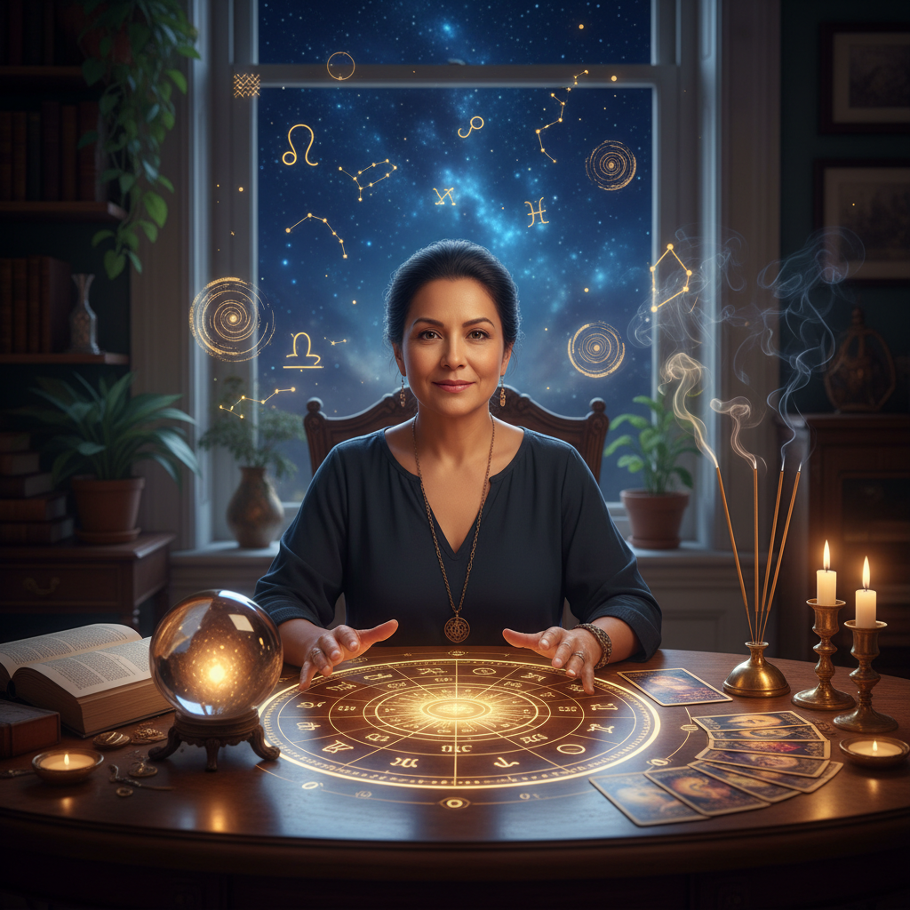 Expert Vidente New York for Spiritual Guidance in NYC Mystical celestial tarot cards and spiritual symbols in New York setting