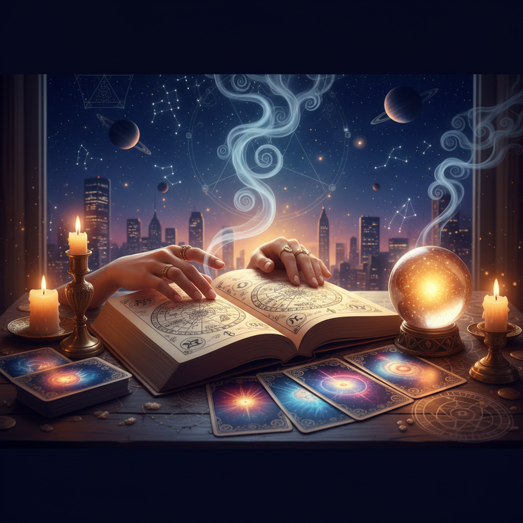 Vidente New York: Expert Spanish Psychic Readings 24/7 NYC Mystical celestial tarot cards on wooden table in New York setting