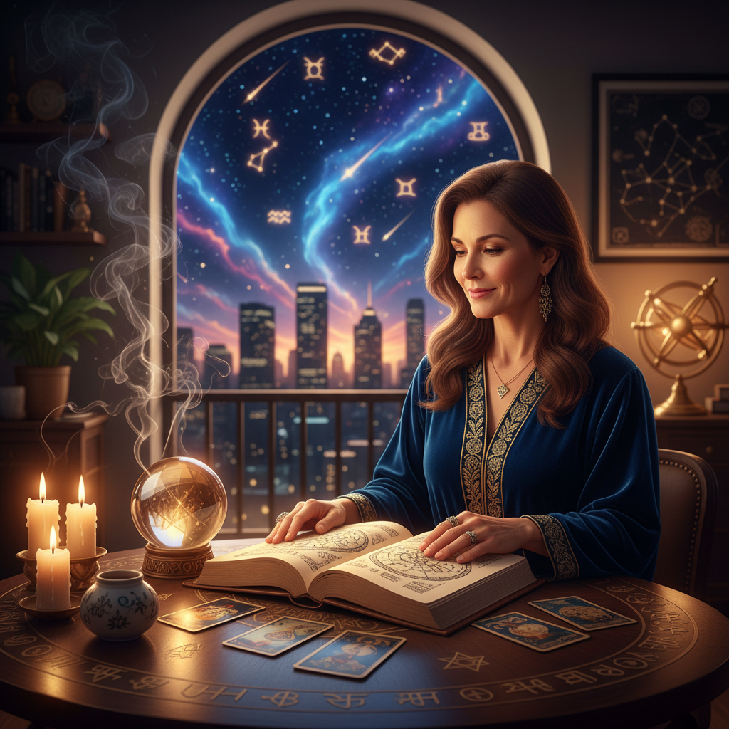 Expert Astrologer in Bronx New York for Accurate Insights Mystical celestial sky with zodiac symbols over New York City skyline