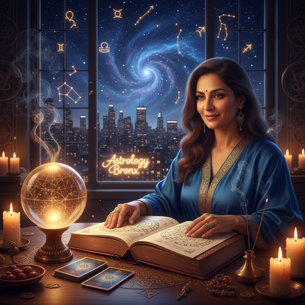 Trusted Astrologer in Bronx New York for Accurate Guidance Mystical celestial sky over New York City skyline with zodiac symbols