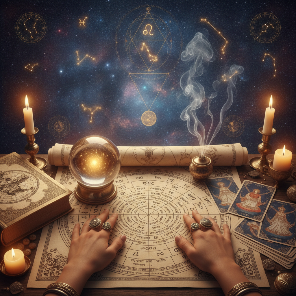 Personalized Astrology Consultation New York with Master Krish Mystical celestial chart with stars over New York City skyline at night