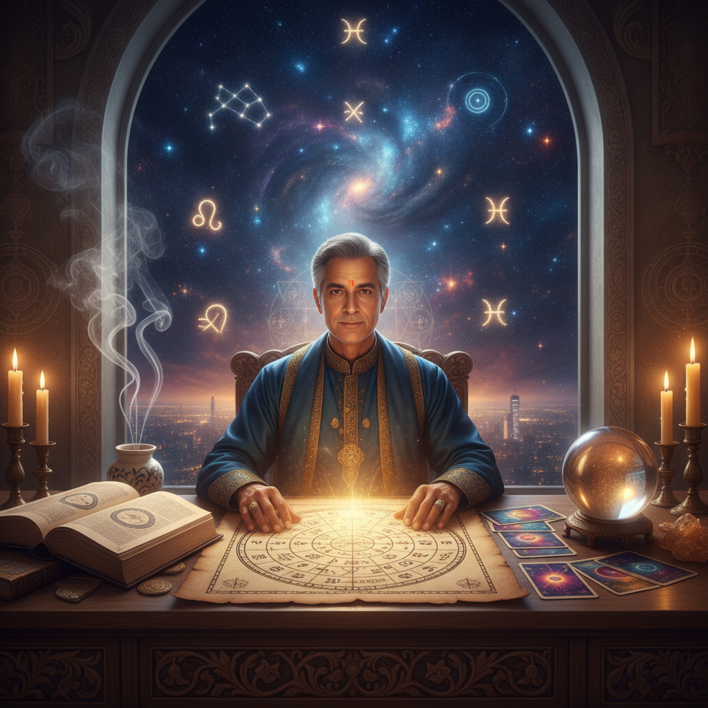 Personalized Astrology Consultation New York with Master Krish Mystical celestial astrology chart glowing over New York City skyline