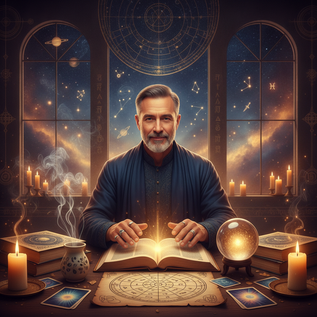 Mystical celestial astrology chart glowing over New York City skyline