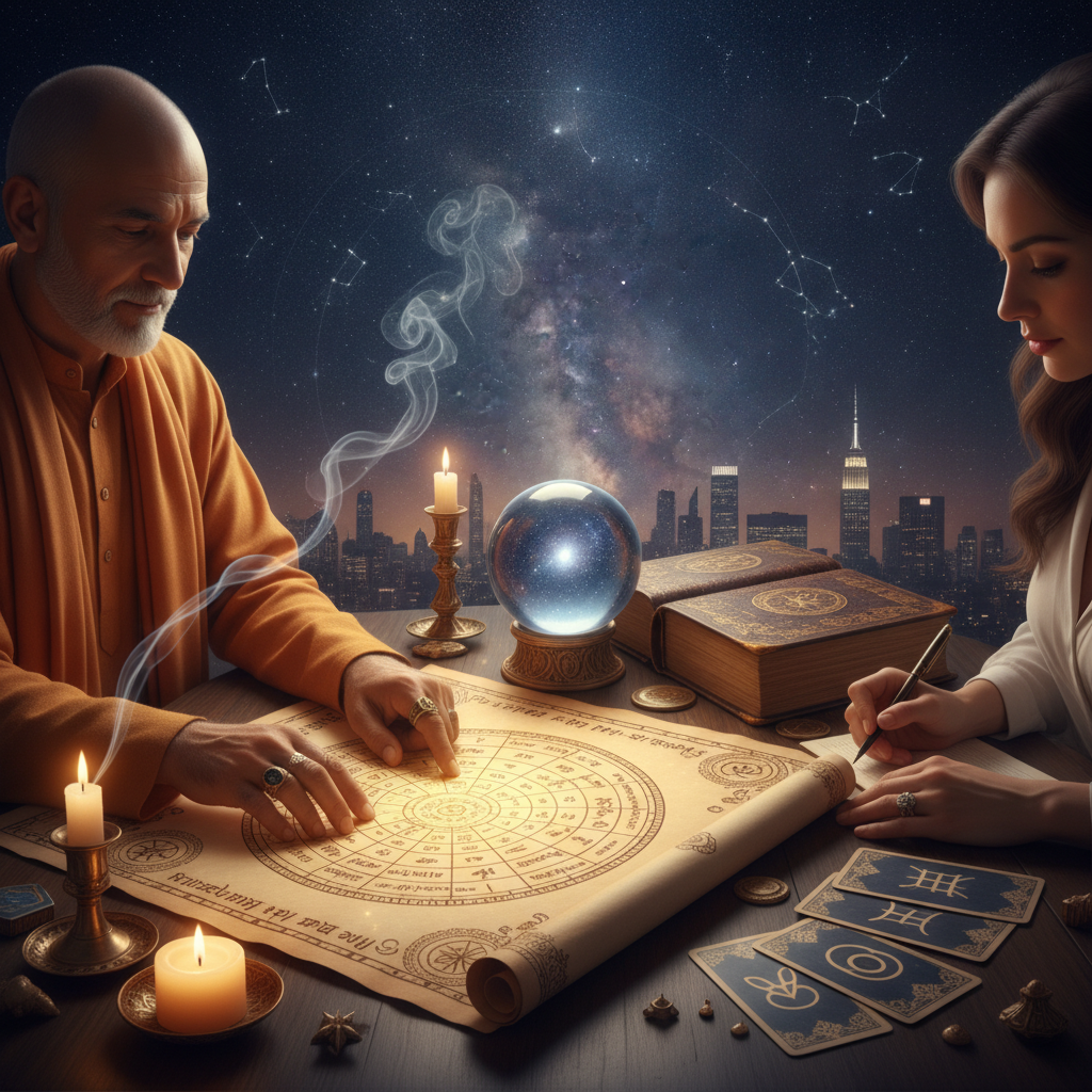 Personalized Astrology Consultation New York with Master Krish Mystical celestial view with zodiac signs over New York skyline at night