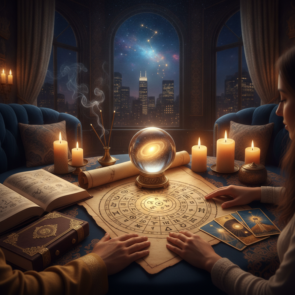 Personalized Astrology Consultation New York by Master Krish Mystical celestial background with stars and zodiac symbols in New York