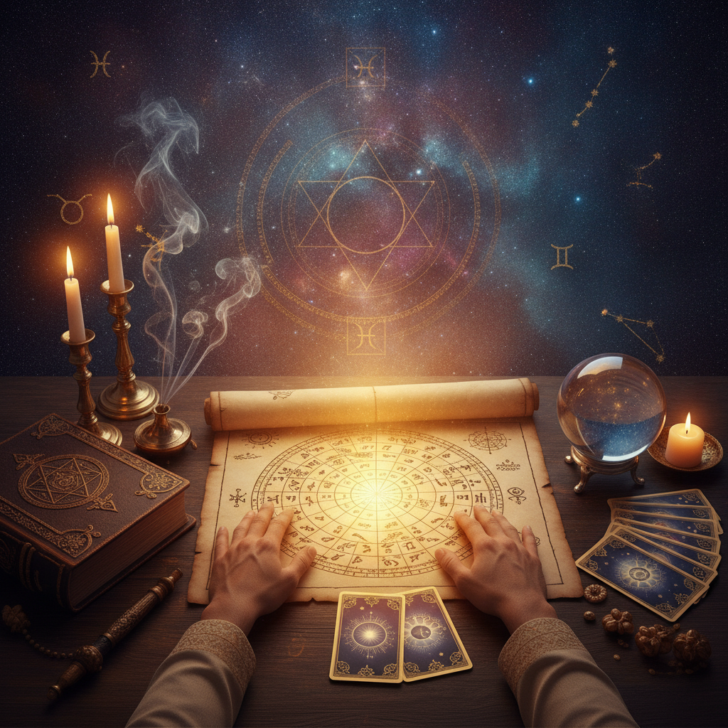 Personalized Astrology Consultation New York with Master Krish Mystical celestial image with astrological symbols over New York City skyline