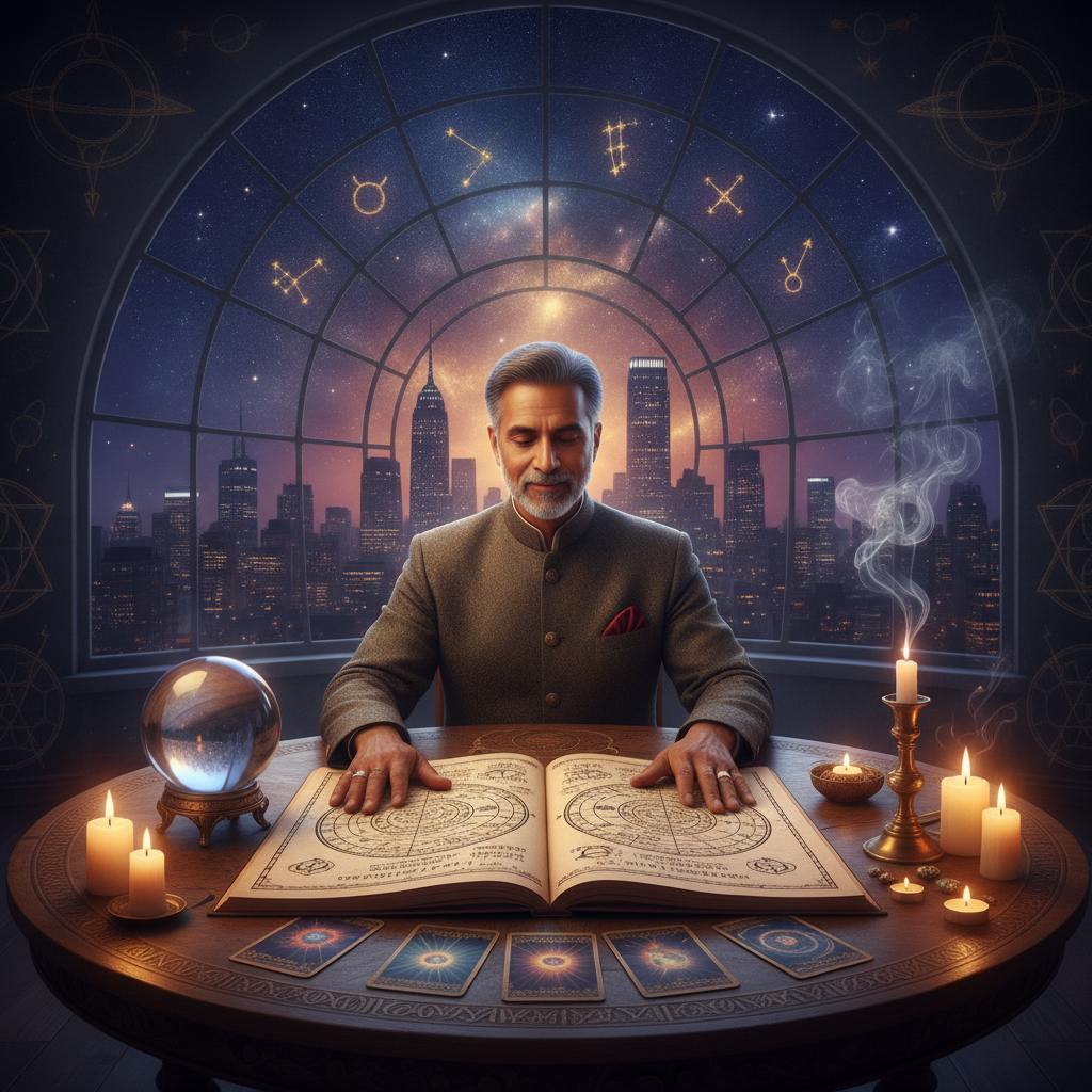 Expert Astrology Consultation New York with Master Krish Mystical celestial chart glowing over New York City skyline at night