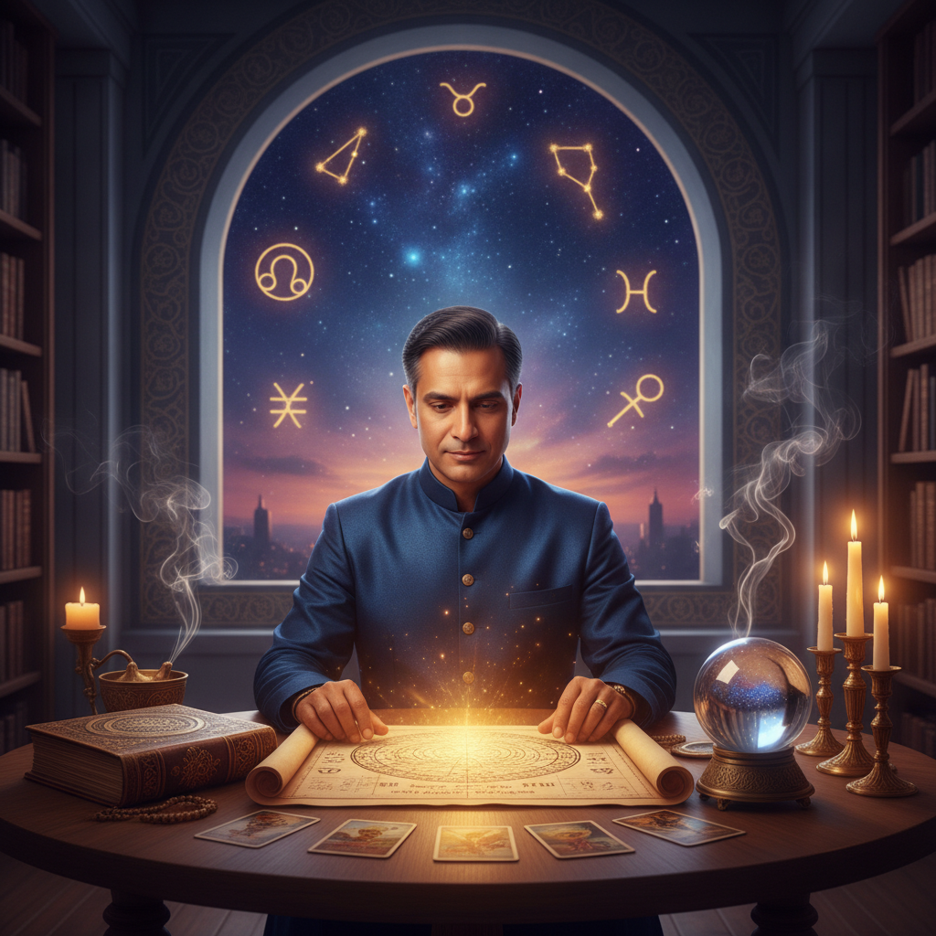 Mystical celestial astrology chart with New York skyline background