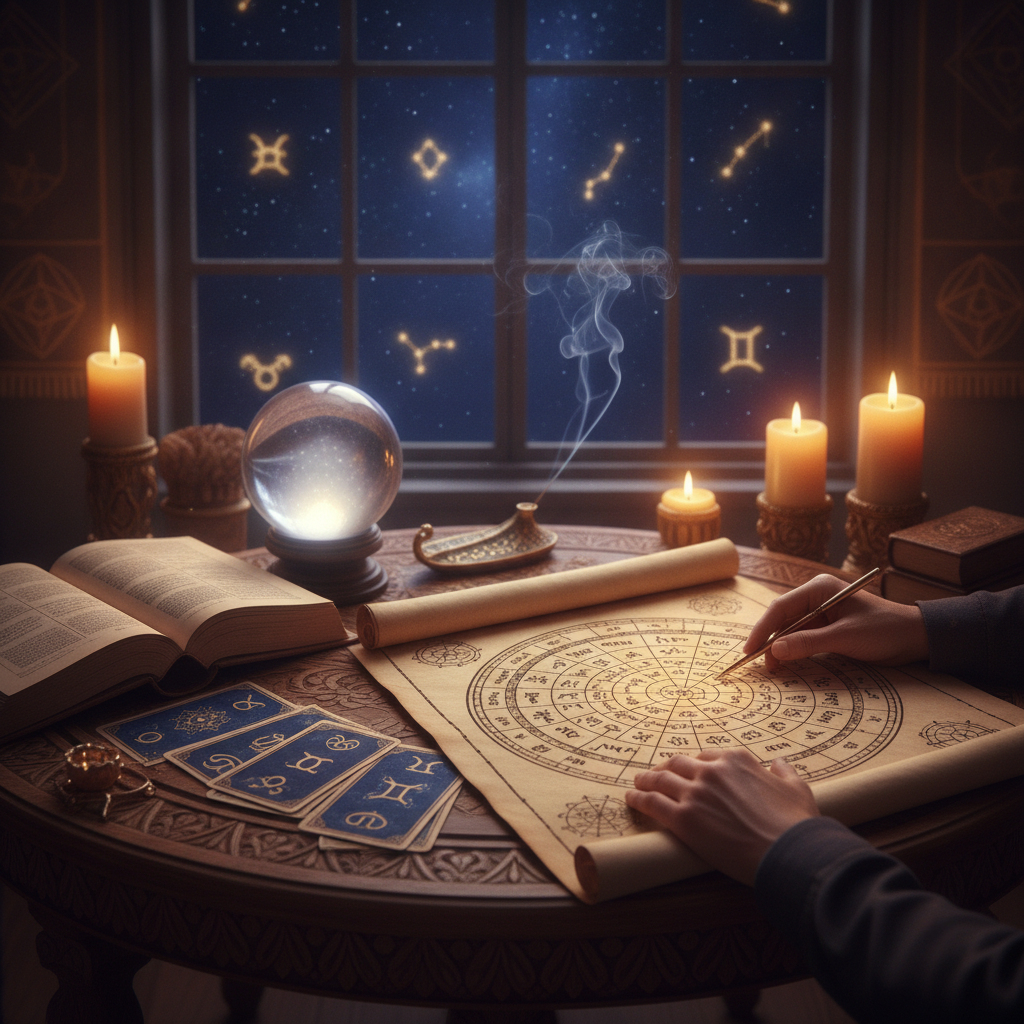Personalized Astrology Consultation New York with Master Krish Mystical celestial sky with zodiac symbols over New York City skyline