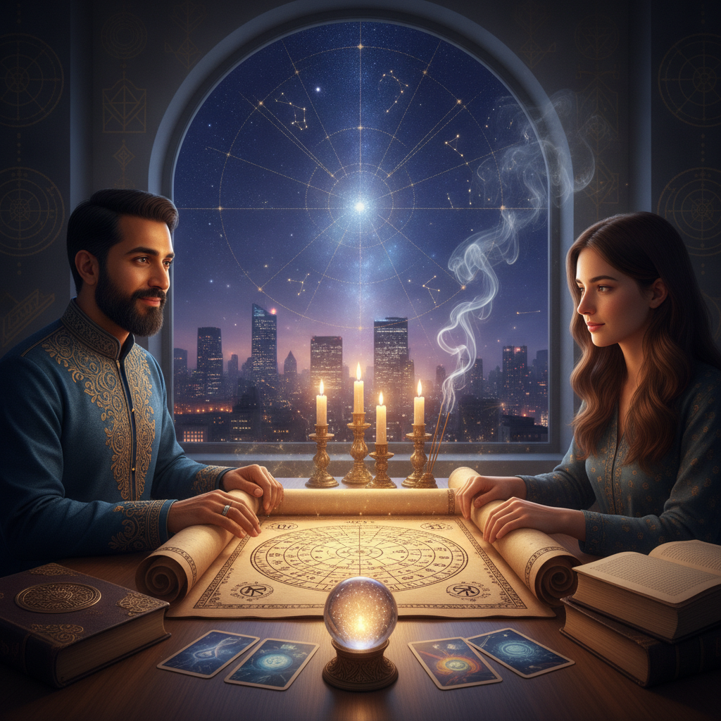 Personalized Astrology Consultation New York With Master Krish Mystical celestial artwork with stars and cosmic energy over New York City skyline