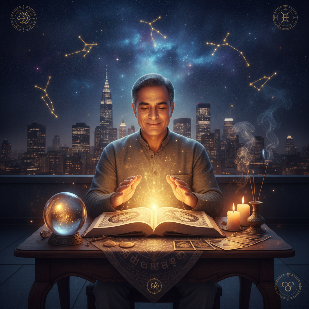 Mystic celestial aura colors glowing around person in New York setting