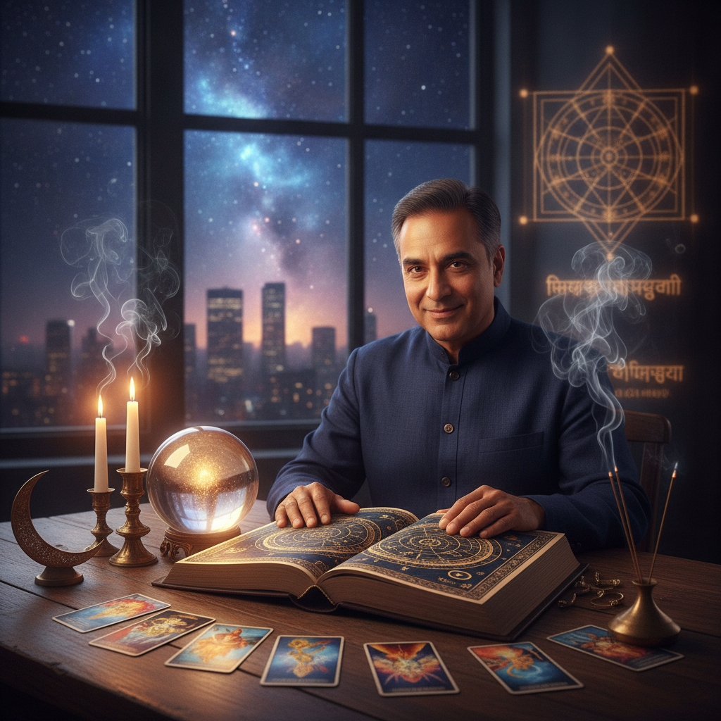 Authentic Psychic Readings NYC with Master Krish in New York Mystical celestial symbols glowing over New York City skyline at night