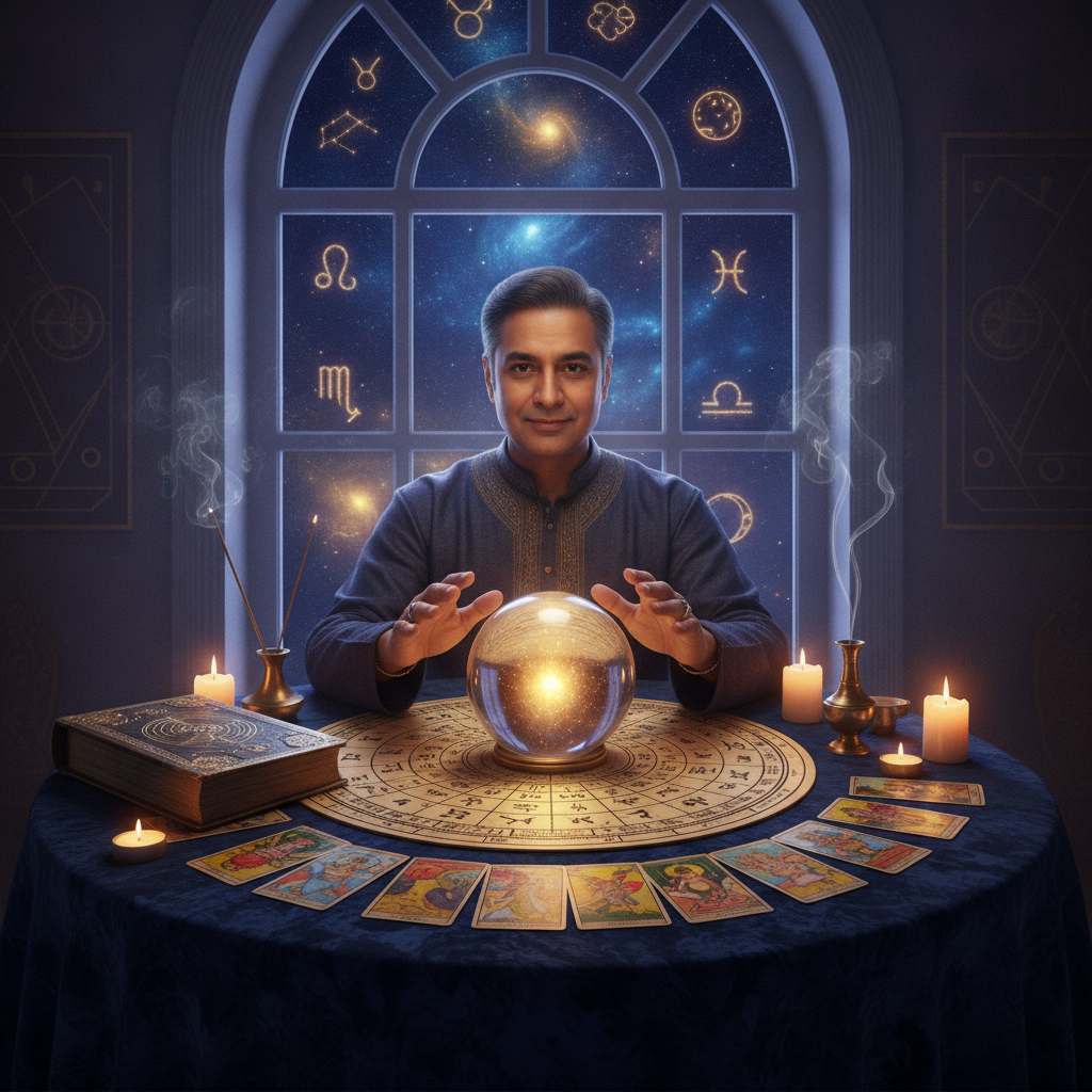 Mystical celestial scene with stars and spiritual symbols over New York skyline