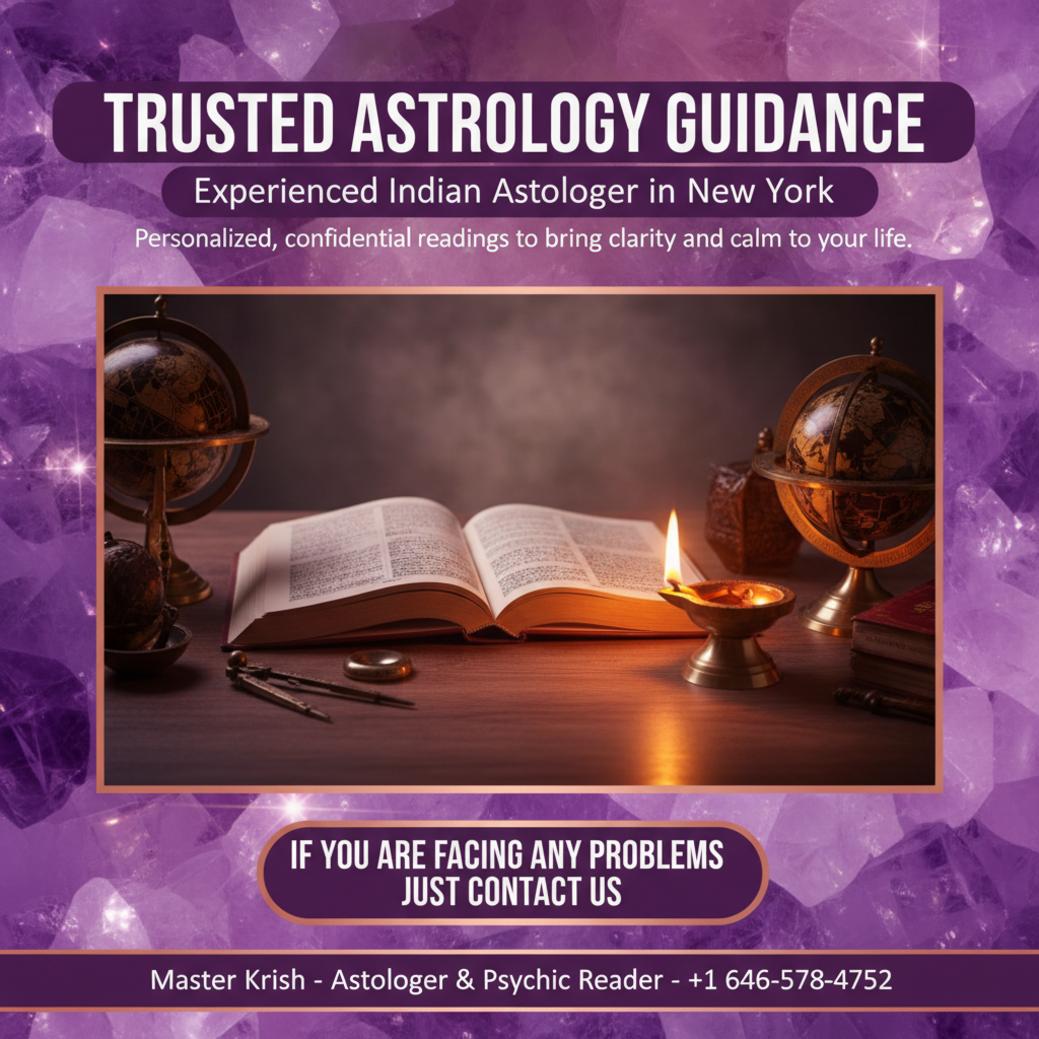 Traditional Indian astrology tools and book on wooden desk in New York room