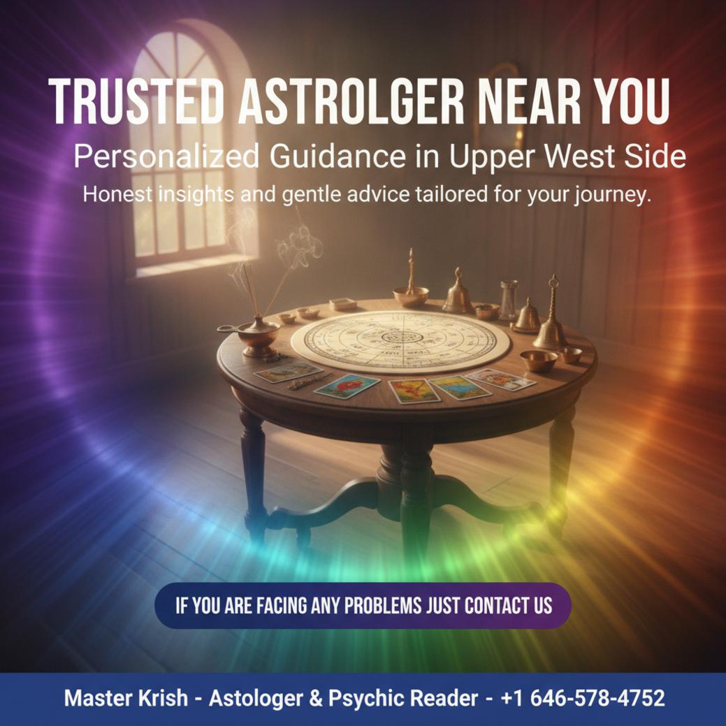Traditional astrology chart and pooja items in calm Upper West Side room