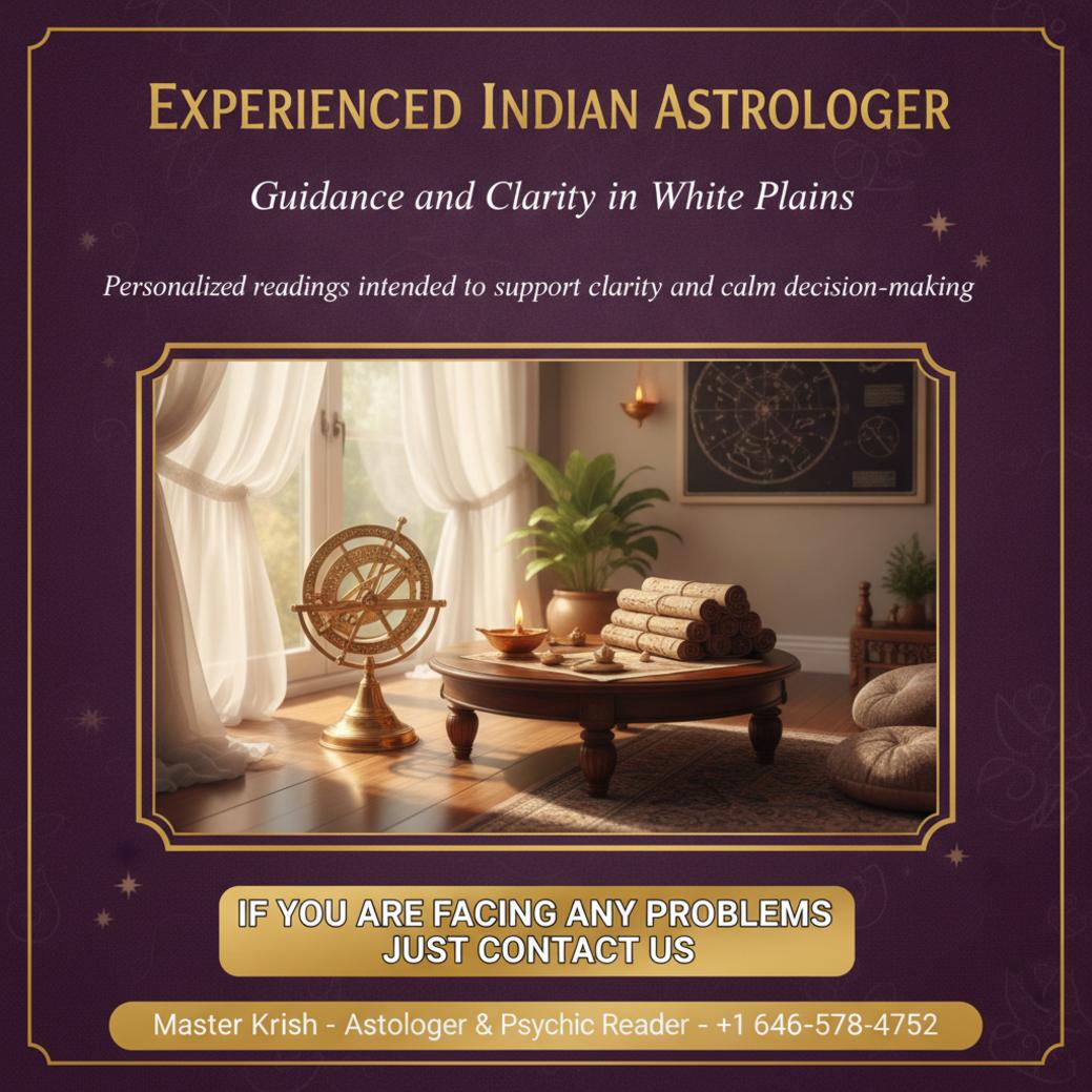 Traditional indian astrology tools on table in White Plains room