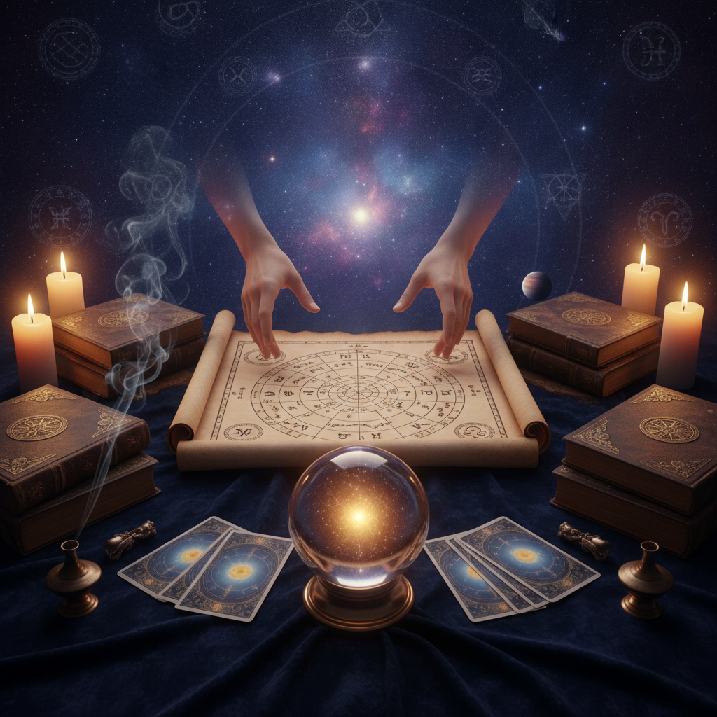 Mystical celestial image with tarot cards and cosmic energy in NYC