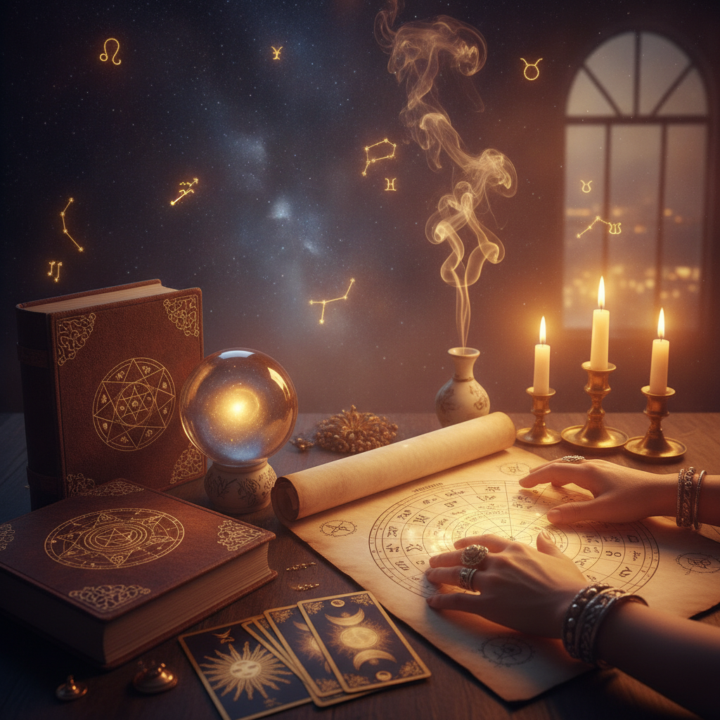 What Makes the Best Psychic in New York Truly Trustworthy? Mystical celestial image with tarot cards and Vedic astrology symbols in New York environment