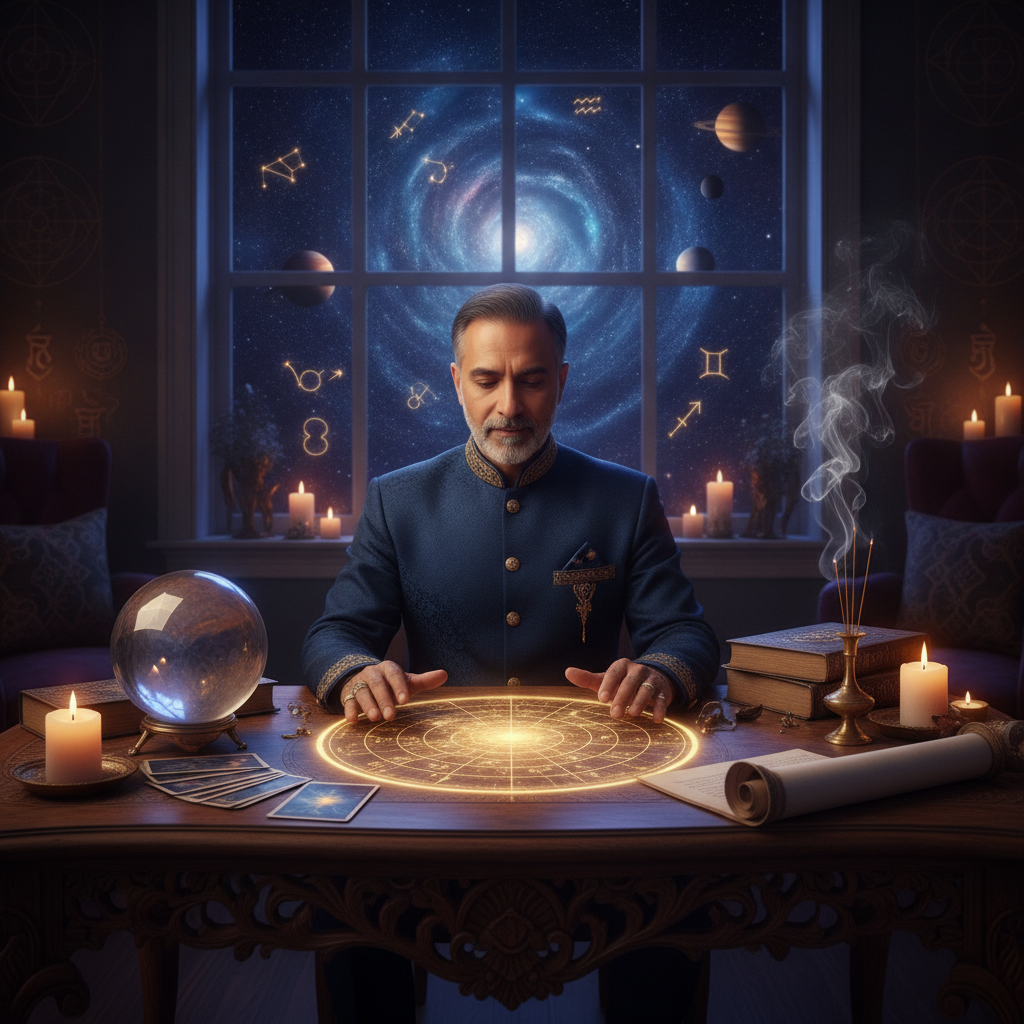 Mystical celestial image with tarot cards and spiritual symbols in New York City setting