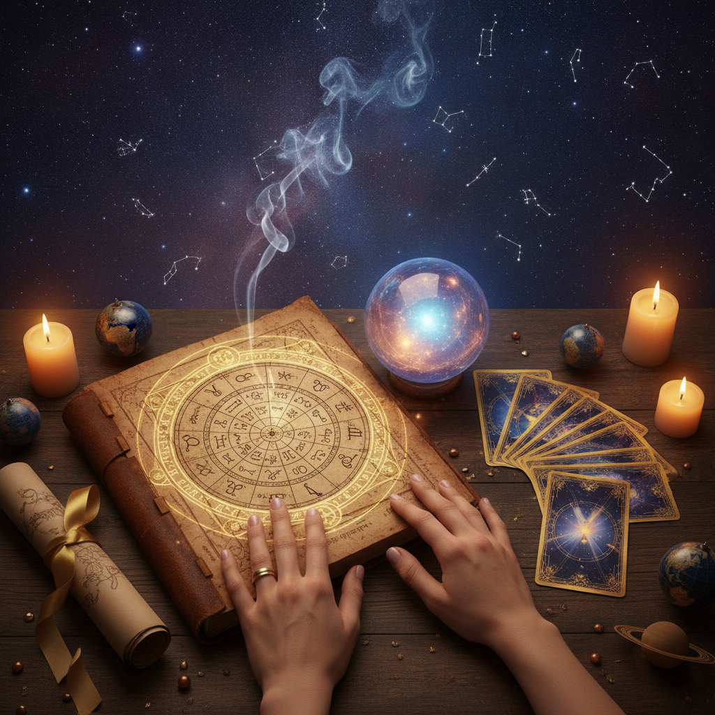 Mystical celestial image with tarot cards glowing over New York skyline