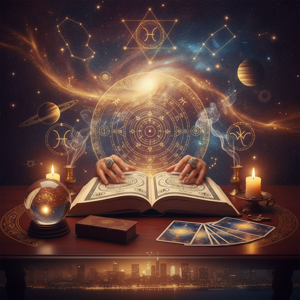 Expert Birth Chart Reading New York | Master Krish Astrology Mystical celestial birth chart illustration with starry NYC skyline background