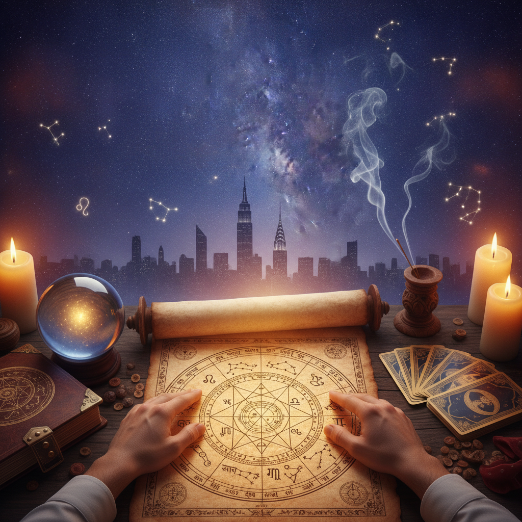 Birth Chart Reading New York – Unlock Your Life Path Today Mystical celestial astrology chart over New York skyline at night