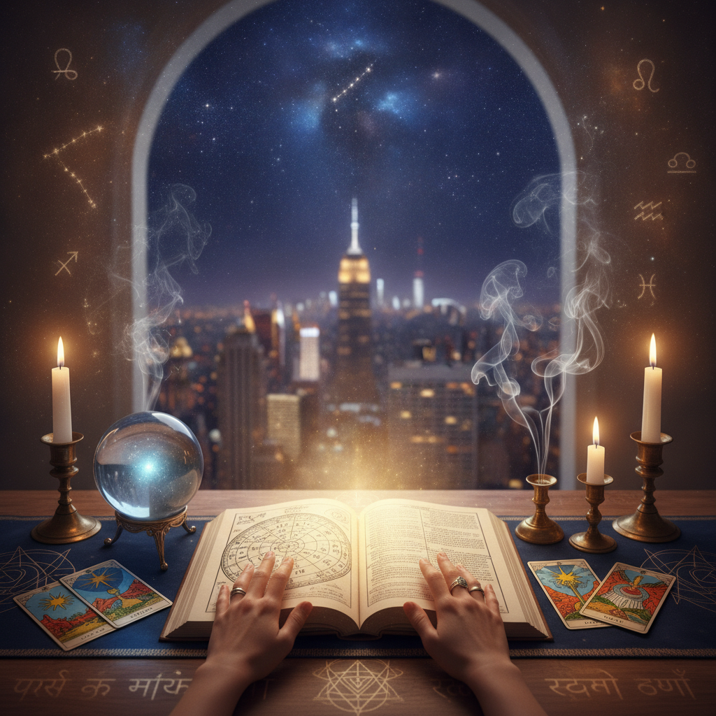 Birth Chart Reading New York | Unlock Your Life Path Today Mystical celestial chart glowing over New York City skyline at night