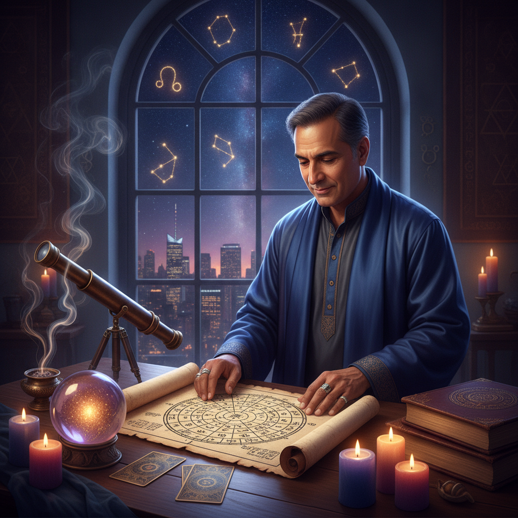 Expert Birth Chart Reading New York | Master Krish Mystical celestial birth chart glowing over New York skyline at night