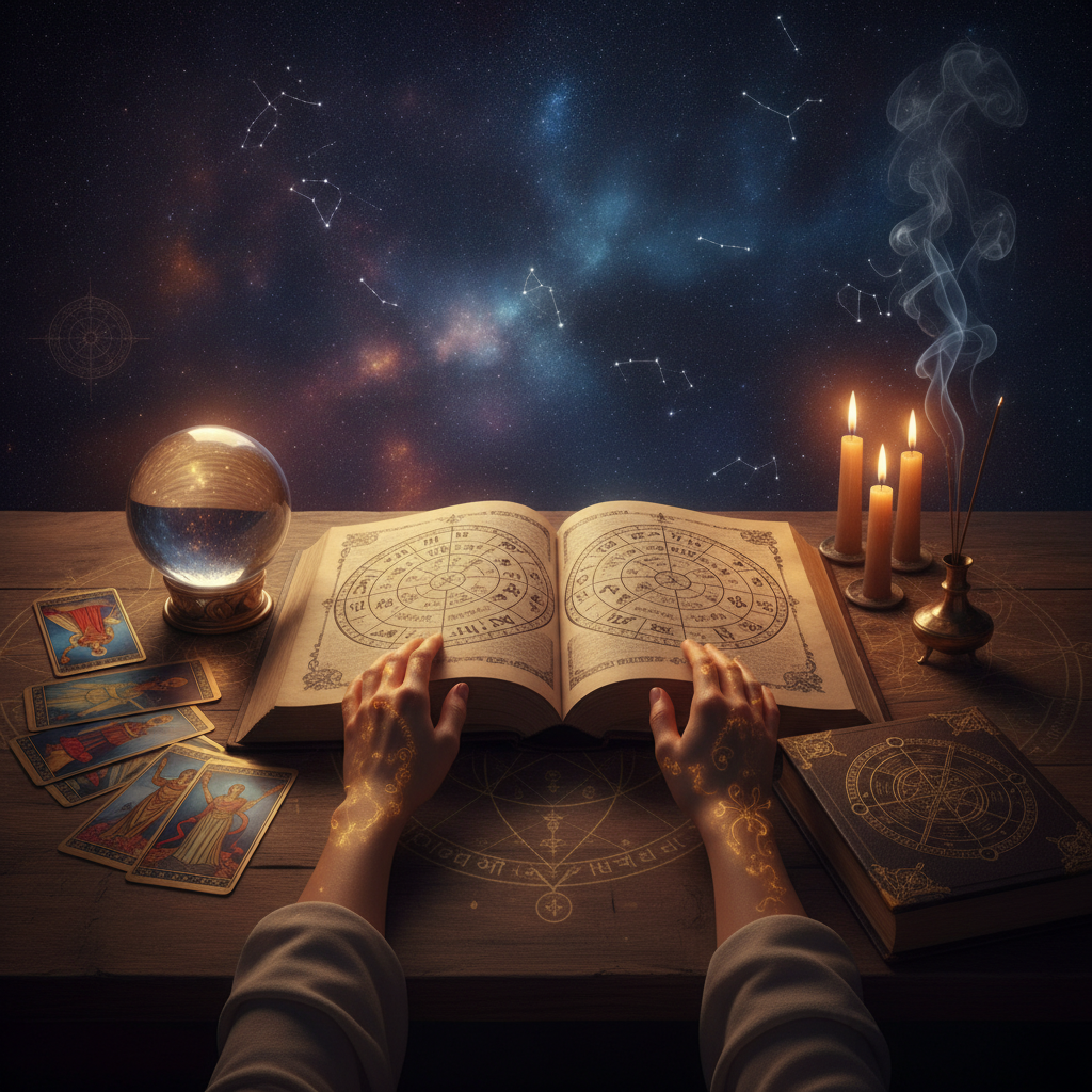 Expert Birth Chart Reading New York | Master Krish Astrology Mystical celestial birth chart with stars and planets over New York City skyline