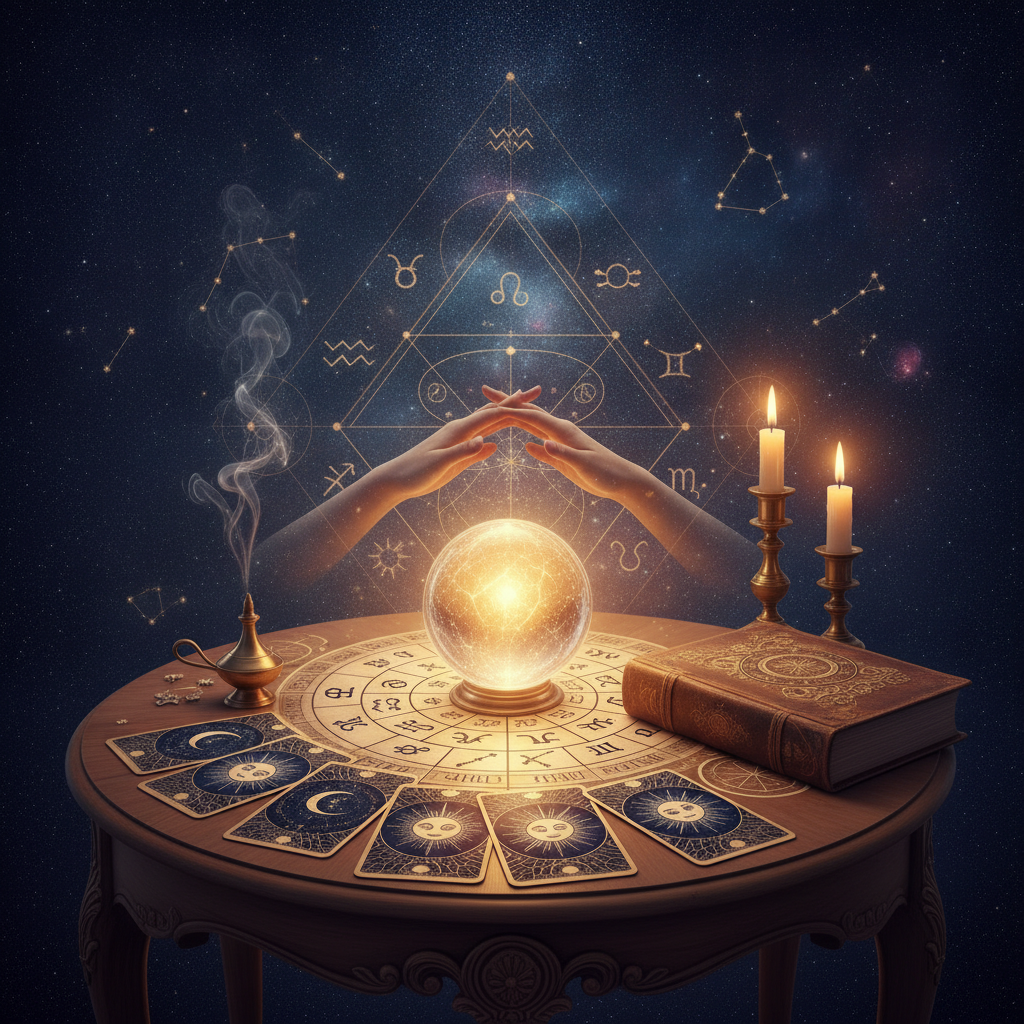 Mystical tarot and oracle cards with celestial background in New York