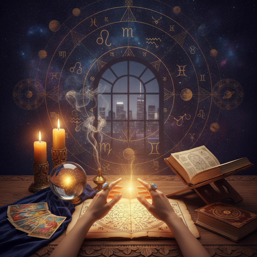 Mystical tarot cards glowing with New York City skyline background