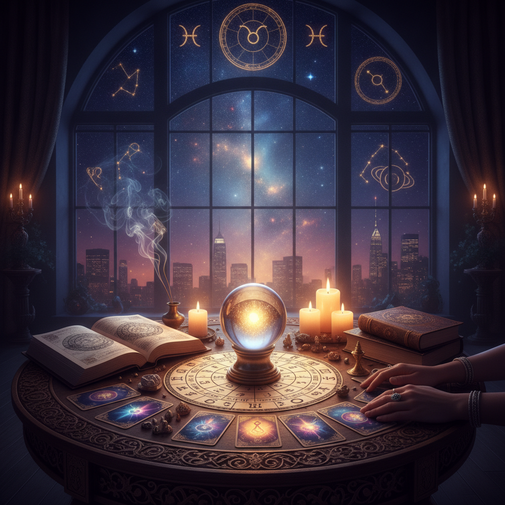 Mystical celestial cards glowing with spiritual energy in New York setting