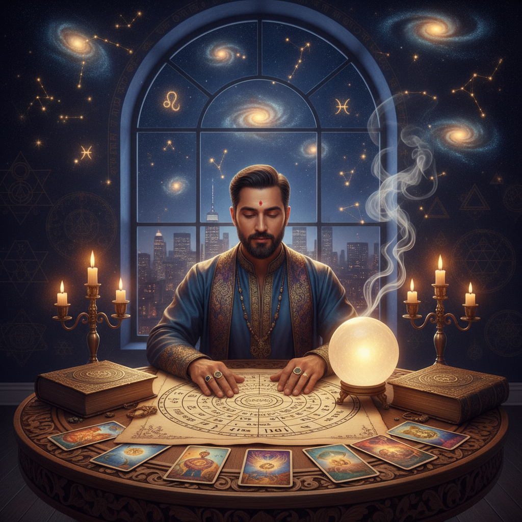 Card Reading New York for Clarity & Guidance with Master Krish Mystical tarot cards glowing with celestial energy in New York setting