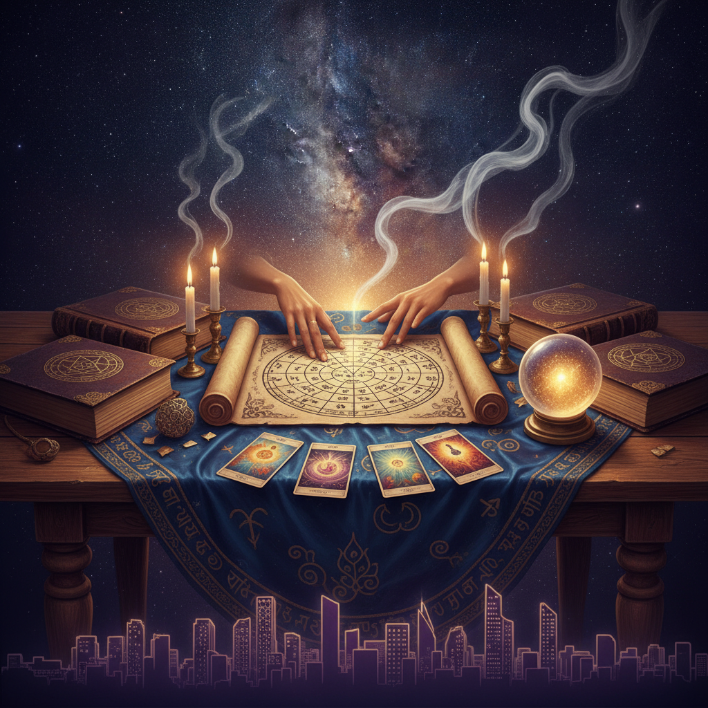 Mystical tarot and oracle cards glowing in Harlem New York setting