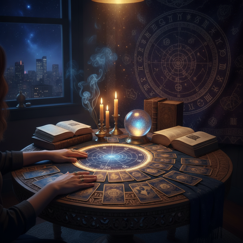 Expert Card Reading New York for Clarity & Guidance Mystical tarot cards and spiritual symbols in New York setting