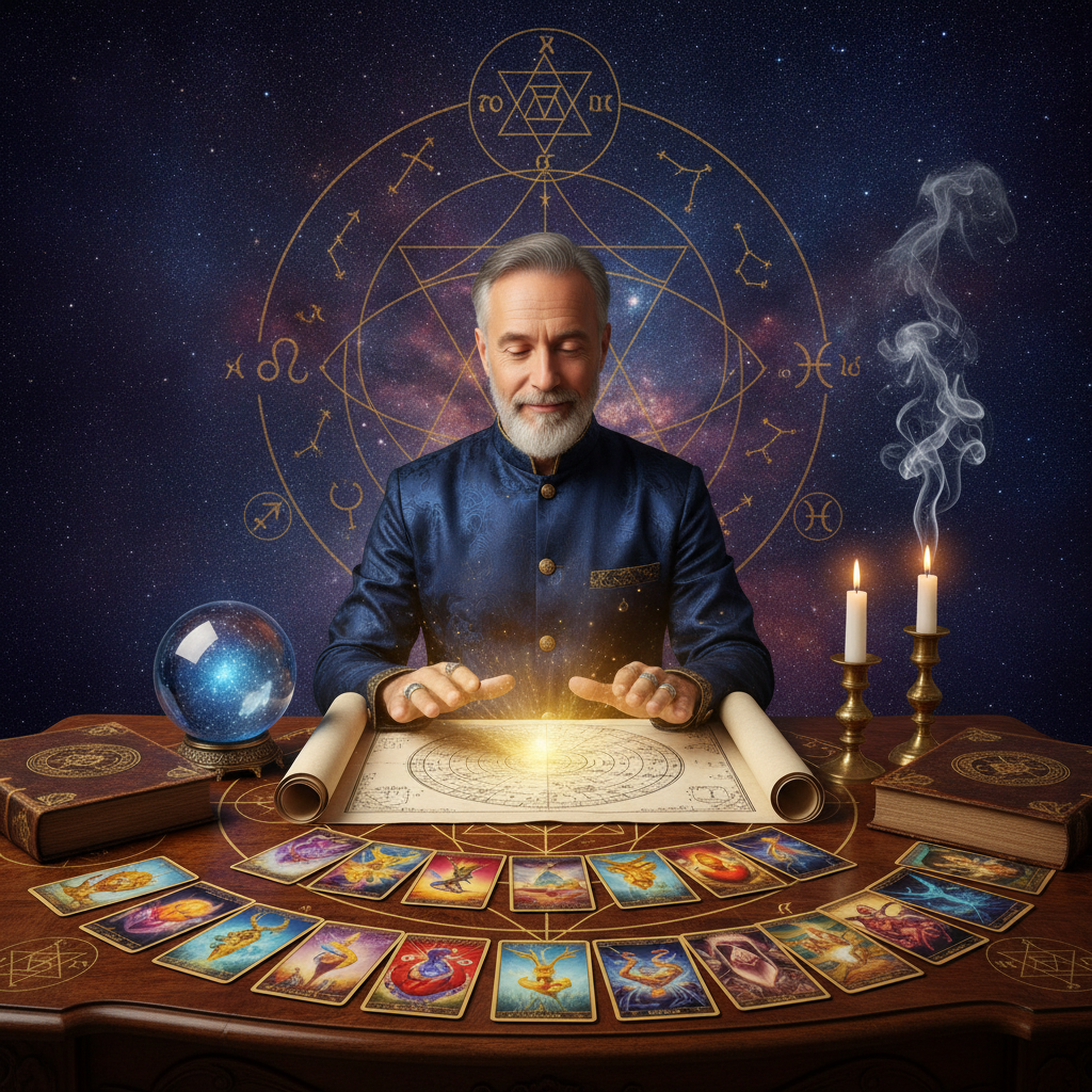 Card Reading New York: Oracle & Tarot Guidance with Master Krish Mystical tarot and oracle cards glowing with celestial energy in New York sky