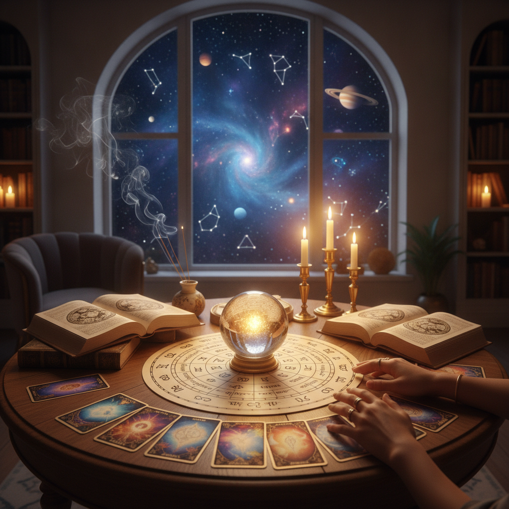 Mystical celestial tarot cards glowing in New York setting at night