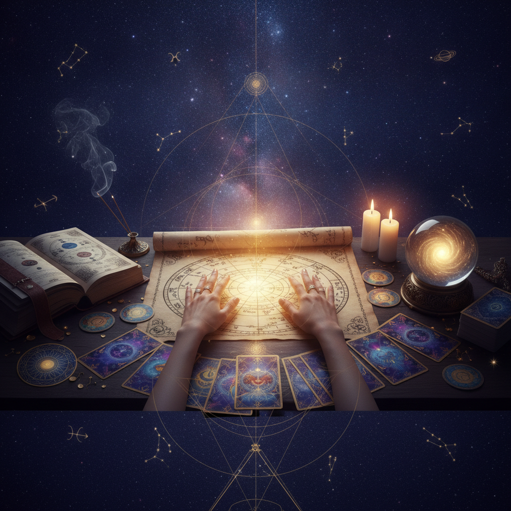 Card Reading New York: Tarot & Oracle Guidance by Master Krish Mystical tarot cards and oracle deck with New York skyline background