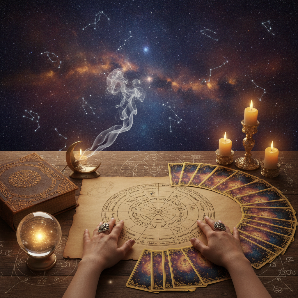 Expert Card Reading New York for Guidance & Clarity Mystical tarot cards and celestial light in New York setting