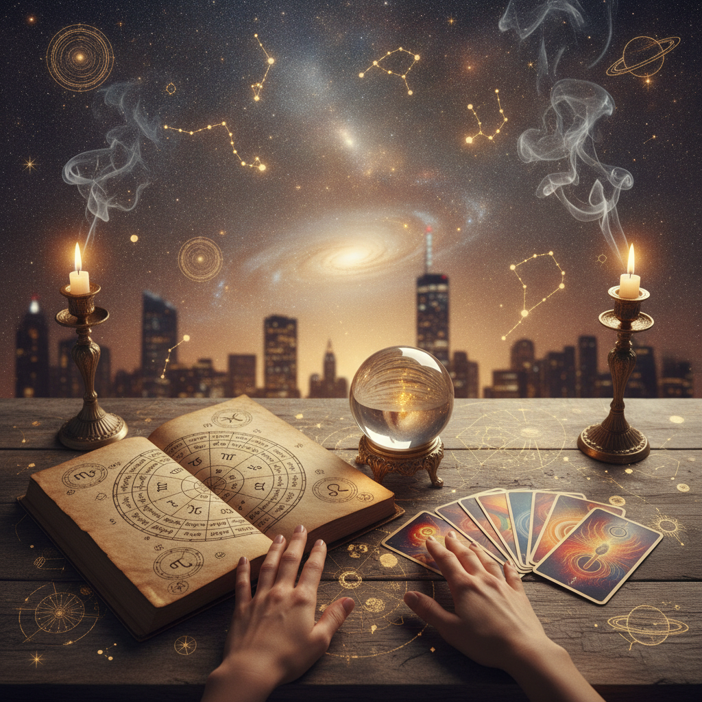 Expert Card Reading New York for Clarity & Guidance Mystical celestial tarot cards glowing with spiritual energy in New York setting