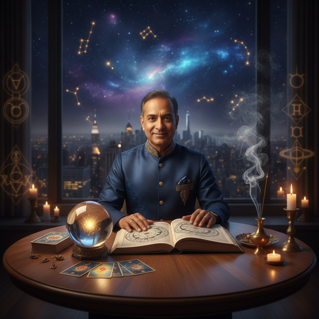 Love Problem Solution Astrologer New York for Healing & Guidance Mystic celestial stars with horoscope and spiritual healing symbols New York