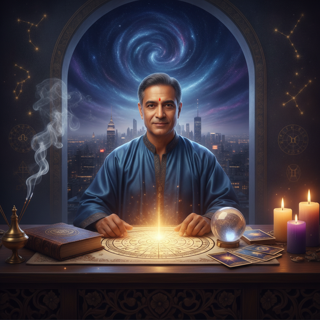 Love Problem Solution Astrologer New York for Healing Love Mystical celestial image with tarot cards and astrology symbols in New York setting