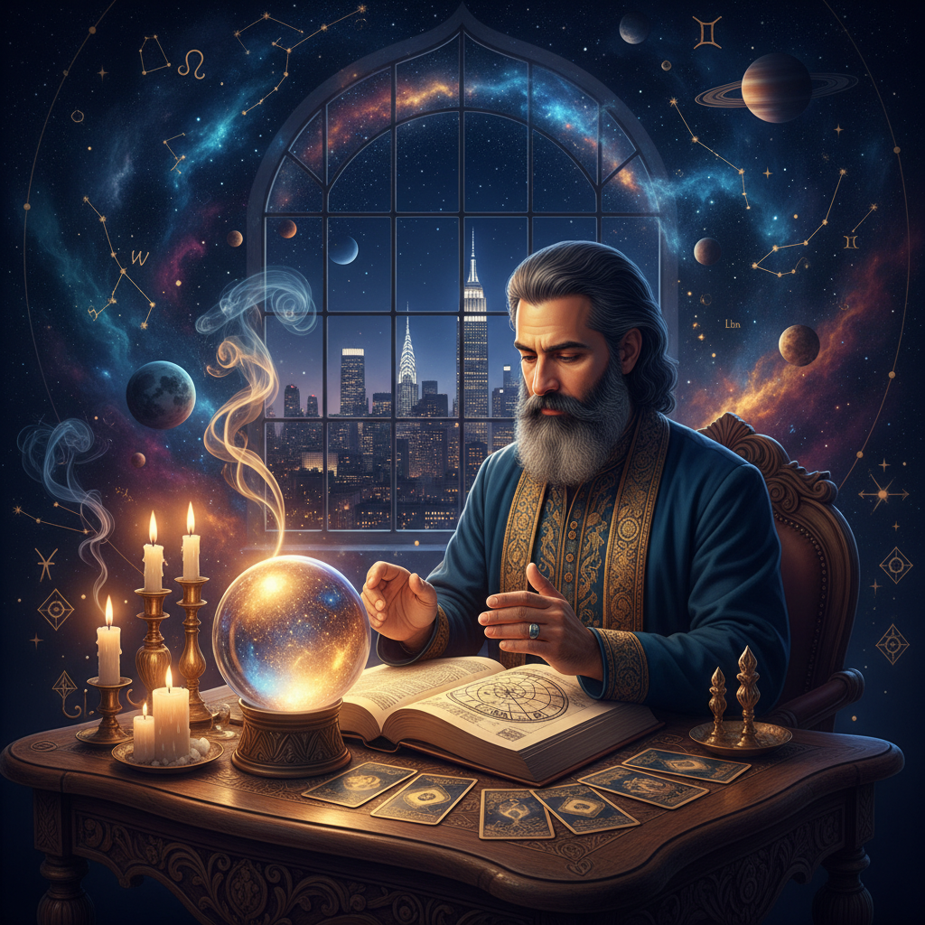 Expert Negative Energy Removal in New York with Master Krish Mystical celestial energy flowing over New York skyline at dusk