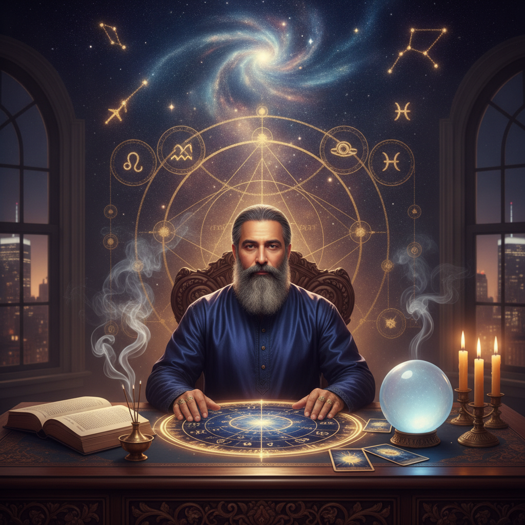 Expert Negative Energy Removal in New York with Master Krish Mystical celestial energy swirling over New York City skyline at dusk