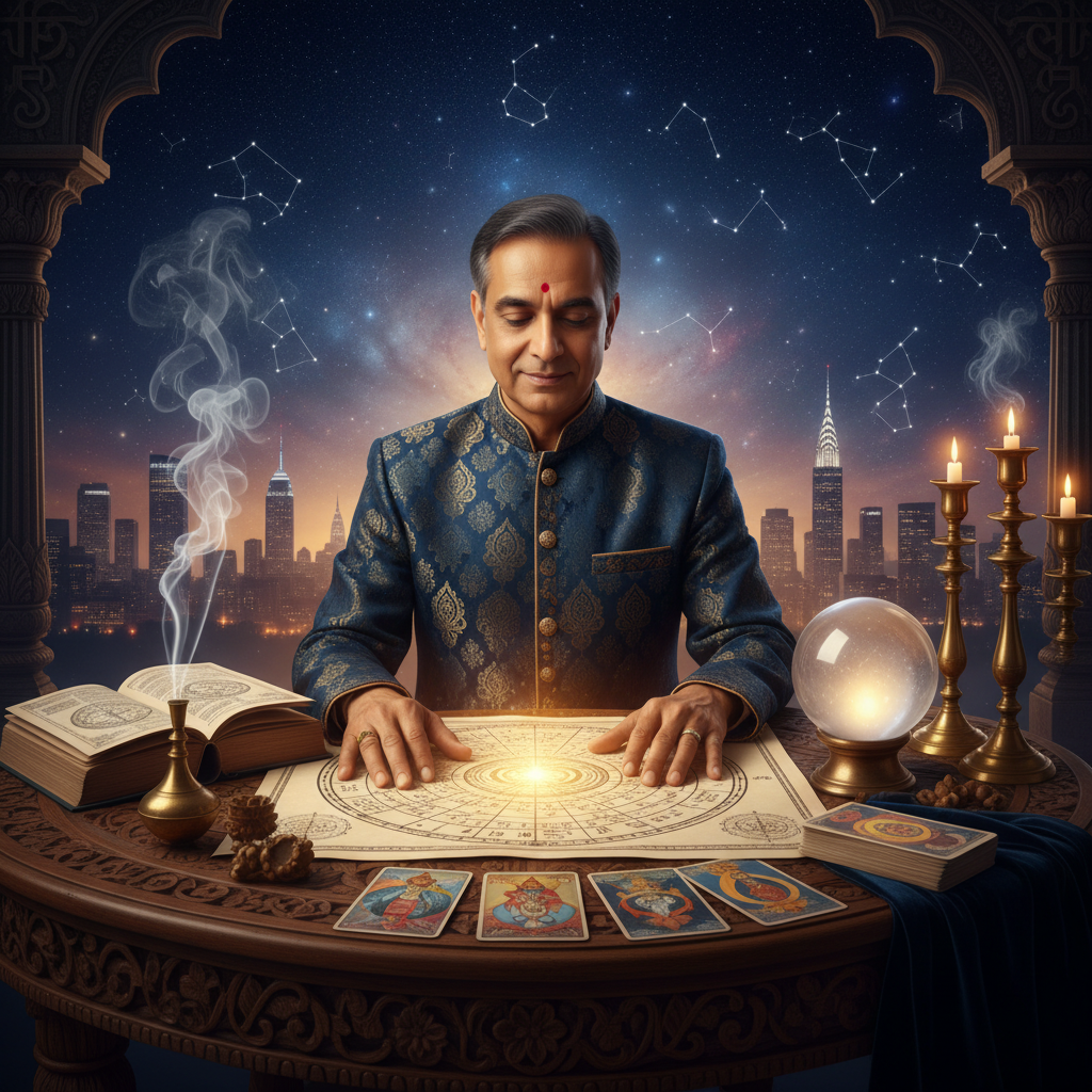 Effective Negative Energy Removal in New York with Master Krish Mystic celestial energy healing illustration in New York city background