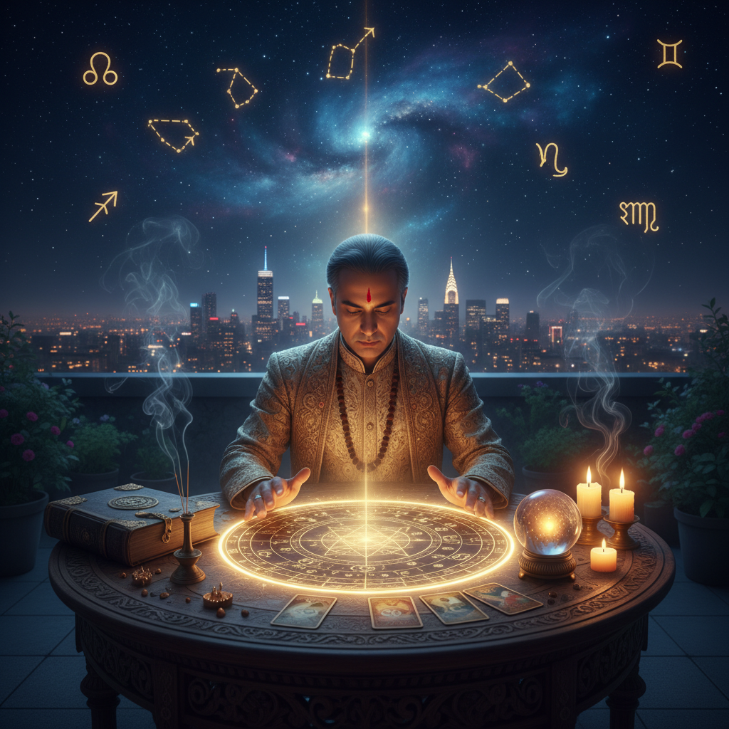 Mystical celestial energy healing illustration in New York context